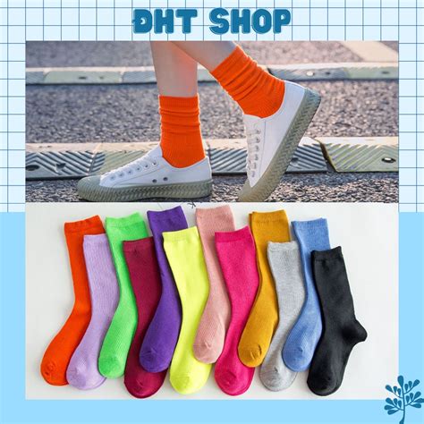 Tất cổ cao vớ cổ cao nữ nhún màu trơn basic vải cotton co phong cách