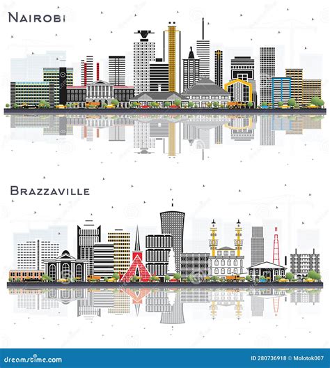 Brazzaville Republic of Congo and Nairobi Kenya City Skyline Set Stock