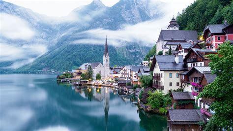 lake, mountains, village, hallstatt, austria, 4k HD Wallpaper