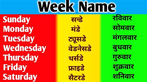 Week Name Sunday Monday Days Of The Week Sunday Monday Ki