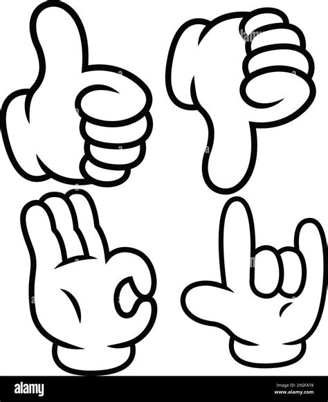 Four cartoon hands making gestures: thumbs up, thumbs down, OK sign ...