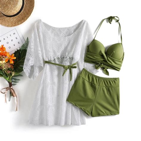 Fashion Lady Three Piece Swimsuit Split Chest Gathered Bikini Lady L