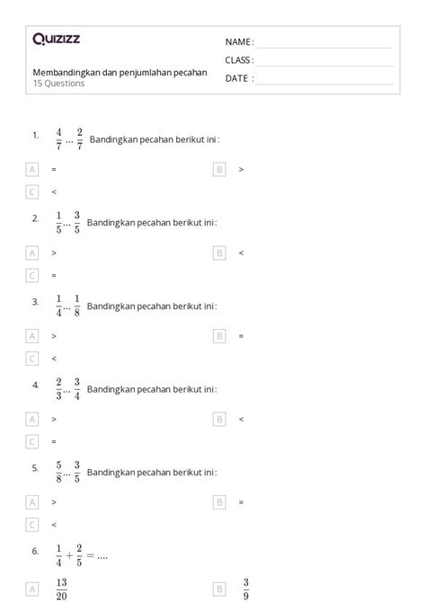 50 Lembar Kerja Membandingkan Pecahan Dengan Penyebut Berbeda Untuk