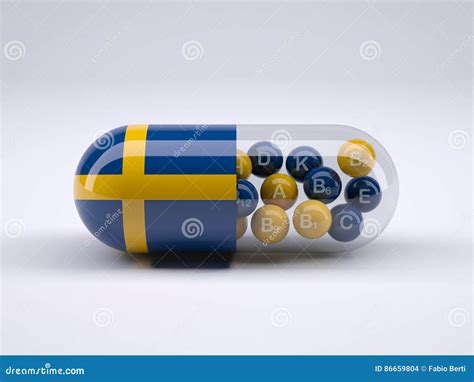 Pill With Swedish Flag Wrapped Around It And Red Ball Inside Stock