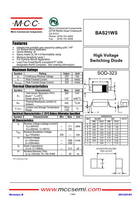 BAS21WS MCC Diode Hoja de datos Ficha técnica Distribuidor