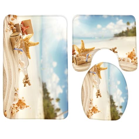 Bathroom Rug Set 3pcs Beach Sea Shell Starfish Bottle Pattern Mat For