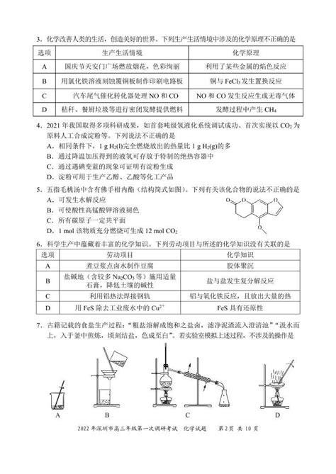 2022年深圳市高三年级第一次调研考试一模化学试题无答案 教习网试卷下载