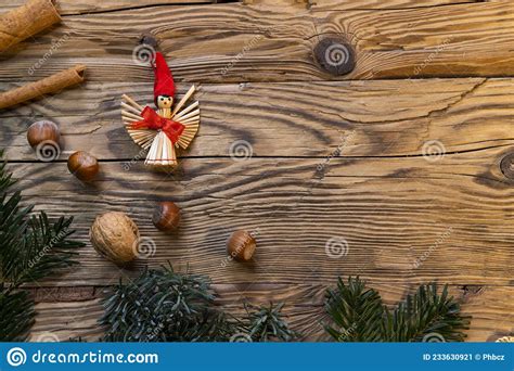 Traditional Czech Christmas On Wood Decoration With Twig Apple Orange