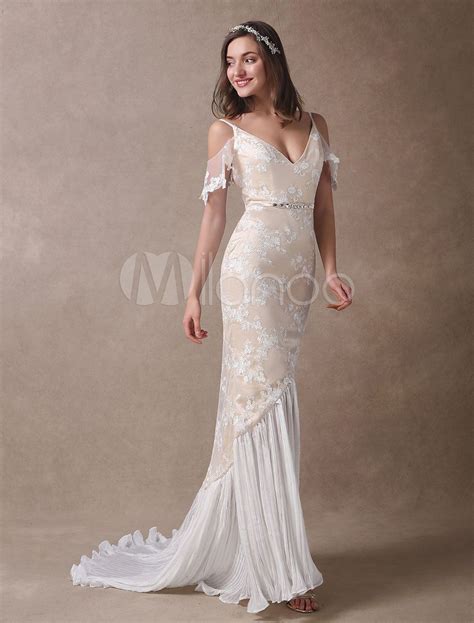 Boho Wedding Dresses Champagne Lace Beach Bridal Dress Mermaid V Neck