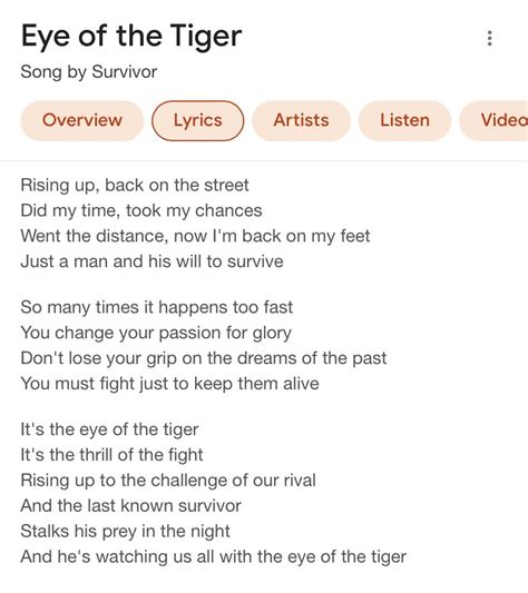 Survivor Eye Of The Tiger Lyrics