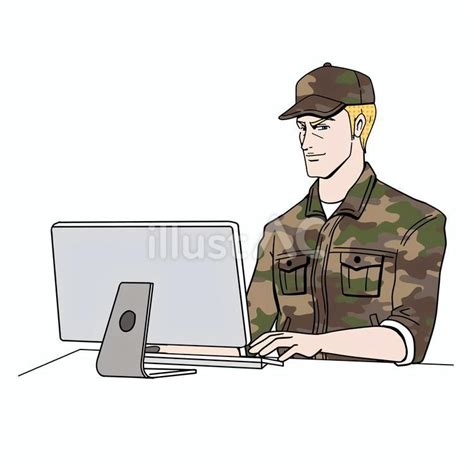 パソコン作業をする白人自衛隊員イラスト No 23640471／無料イラストフリー素材なら「イラストac」