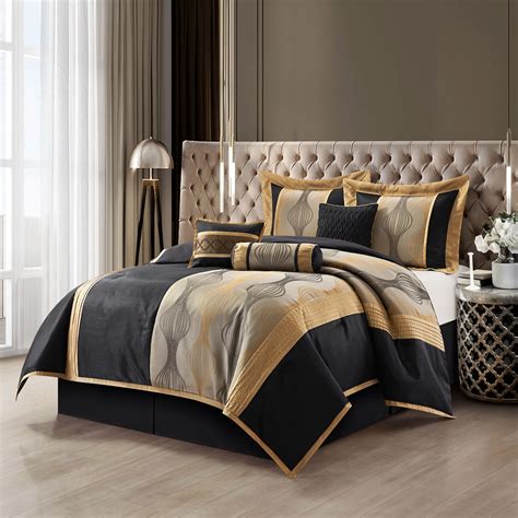 Lanco 7 Piece Comforter Bedding Set California King Size Black Gold Geometric Pattern