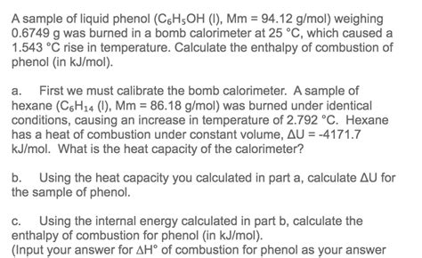 Solved A Sample Of Liquid Phenol C6h5oh I Mm 9412