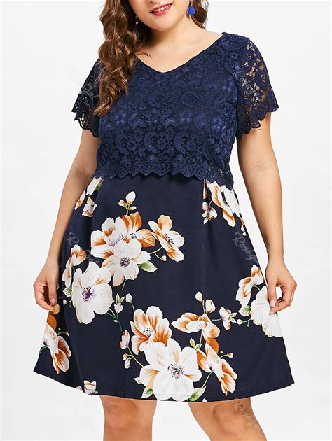 [44 Off] Plus Size Lace Overlay Floral Dress Rosegal