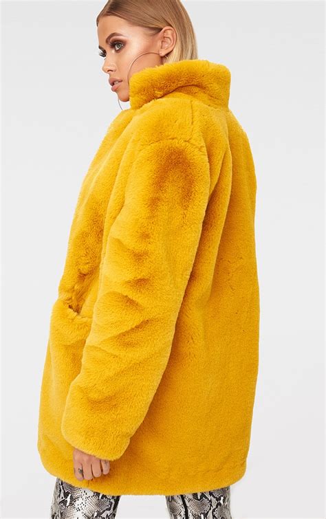 Mustard Premium Faux Fur Coat Coatsjackets Prettylittlething