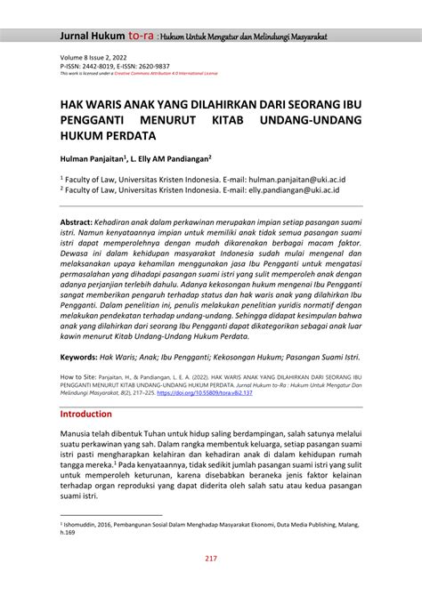 Pdf Hak Waris Anak Yang Dilahirkan Dari Seorang Ibu Pengganti Menurut