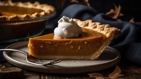 Premium AI Image A Slice Of Pumpkin Pie With Whipped Cream On Top