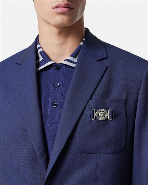 Wool Canvas Single Breasted Blazer Blue Versace Us