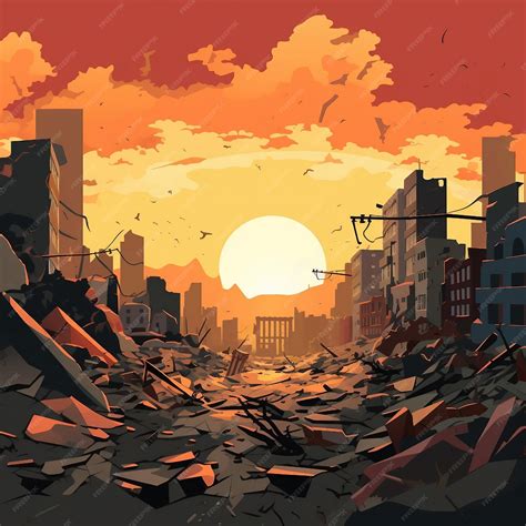 Premium Photo An Illustration Of A Destroyed City In War At Sunset Ai