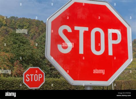 Two Stop Signs Road Sign Grevenmacher Grand Duchy Of Luxembourg