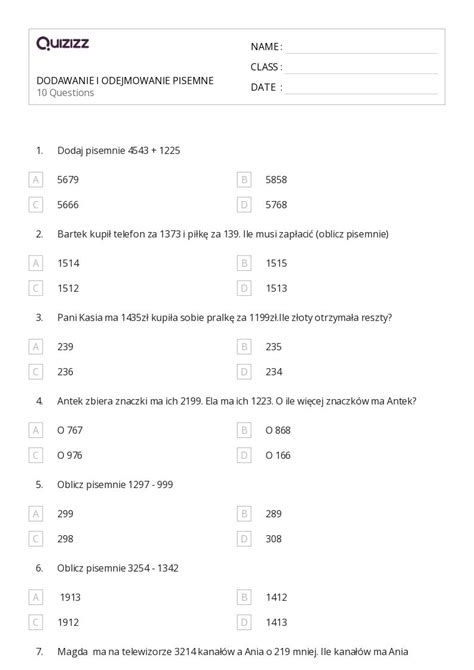 Ponad 50 Odejmowanie Arkuszy Roboczych Dla Klasa 4 W Quizizz Darmowe