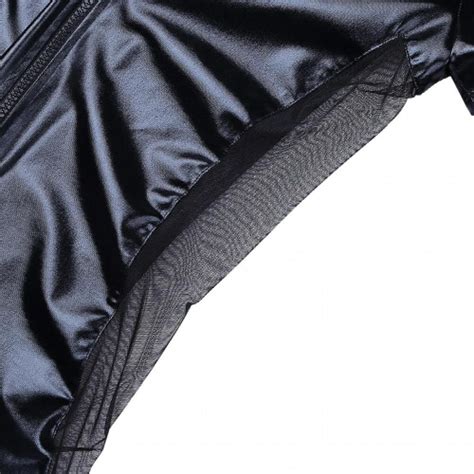 Mens Wetlook Patent Leather Bodysuit Sexy Side Sheer Mesh Front Zipper Jumpsuit Male Gay Latex