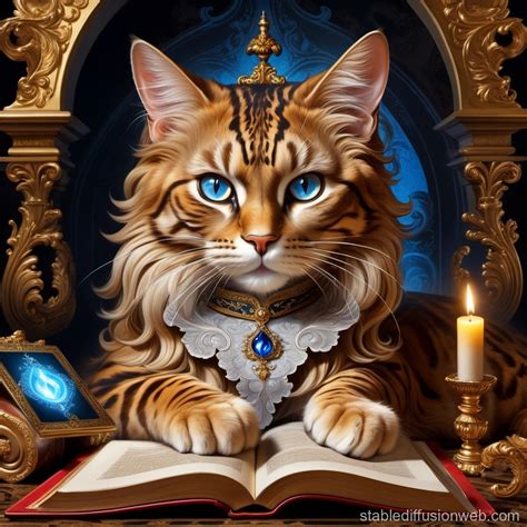 A Huge Magic Cat Is Lying On The Grimoire Its Eyes Is Glowing The Magic