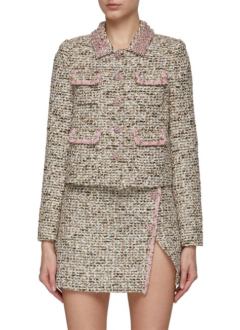 Self Portrait Crystal Bead Embellished Metallic Bouclé Tweed Jacket In Pink Modesens