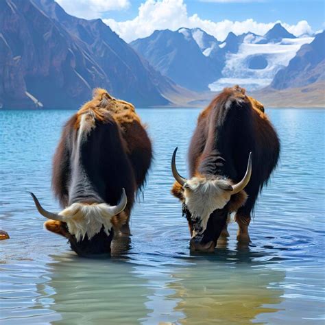 Premium Ai Image Alpine Yaks Drinking Water In The Baisha Lake Of