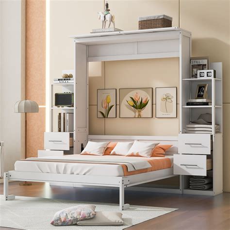 Queen Size Murphy Bed Folded Cabinet Wall Bed With Shelves And Drawers