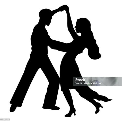 Silhouette Of A Dancing Couple Of People Isolated On A White Background