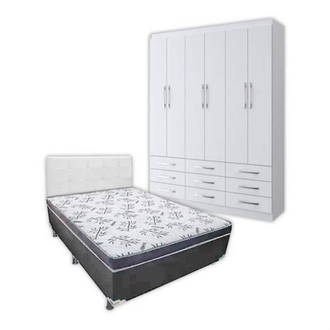 Kit Guarda Roupa Casal Bergamo Portas Gavetas Branco Cama Box