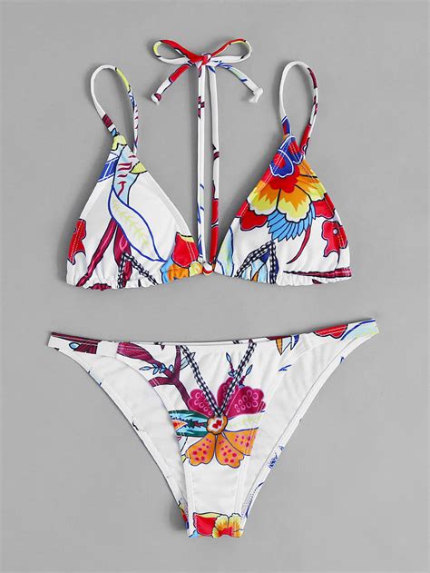 Flower Print Halter Strap Triangle Bikini Set Shein Sheinside