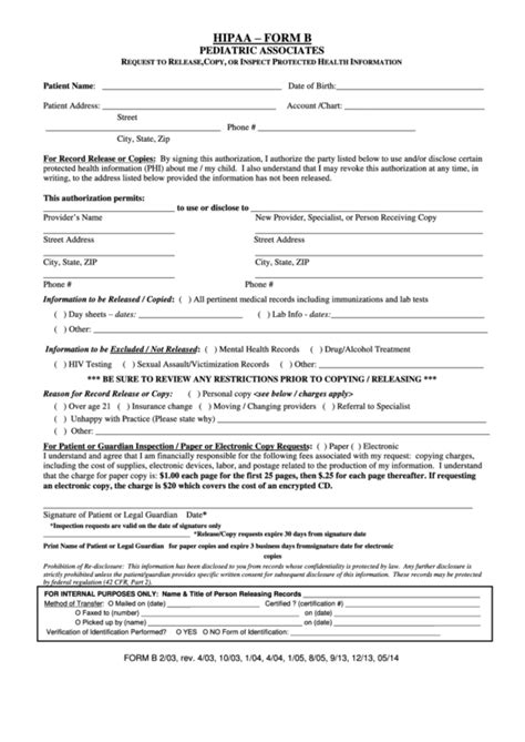 Hipaa Form B Pediatric Associates Request To Release Copy Or