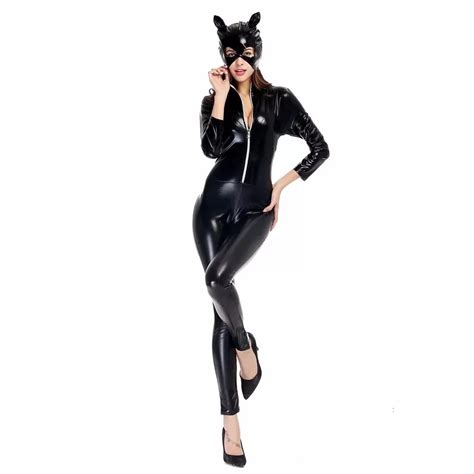 New Sexy Catwoman Suit Fancy Dress Shiny Super Hero Black Leather