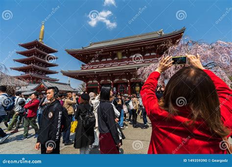 Unidentified People Visit Sensoji Temple With Cherry Blossom In Asakusa