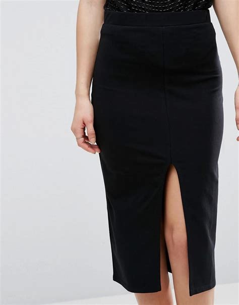 Asos Cotton Pencil Skirt With Front Split In Black Lyst