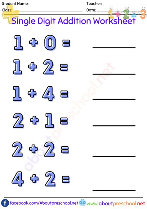 Single Digit Addition Worksheet 12 About Preschool