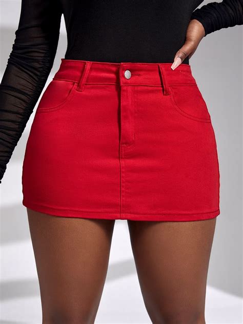 Solid Slant Pocket Denim Skirt Mini Skirts Red Denim Skirt Denim Skirt Women