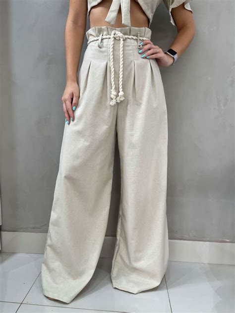 Conjunto Linho Cropped Decote V N Manguinha E Cal A Wide Leg Elastico