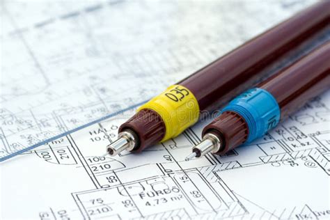 Technical Drawing Pens on a Floor Plan Stock Photo - Image of drawing ...