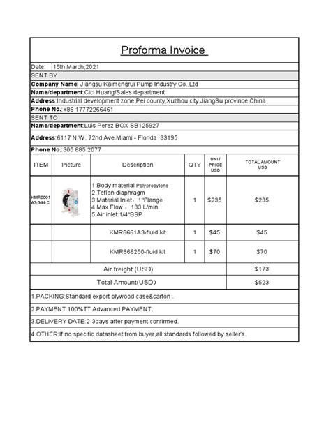 Proforma Invoice for the Sale of Polypropylene Diaphragm Pumps and ... 