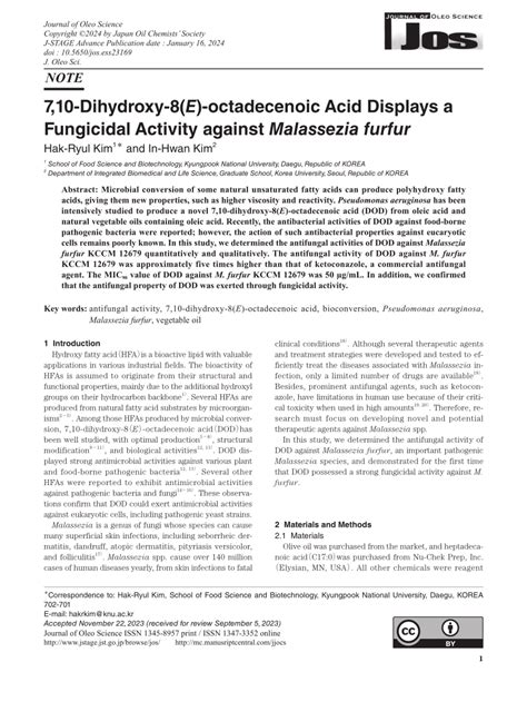 PDF 7 10 Dihydroxy 8 E Octadecenoic Acid Displays A Fungicidal