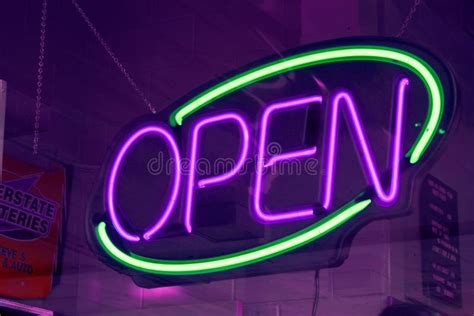 Purple And Green Neon Open Sign Stock Image - Image of communications ...