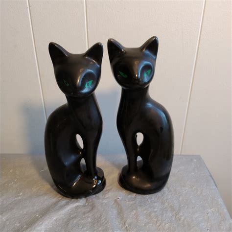 Pair 10 Ceramic Vintage Black Cat Figurines Green Eyes Art Pottery Cat Etsy