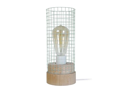 NOIRON Lampe De Chevet Cylindrique Bois Naturel Et Vert Pastel