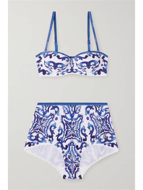 Dolce And Gabbana Majolica Print Balconette Bikini In White Modesens