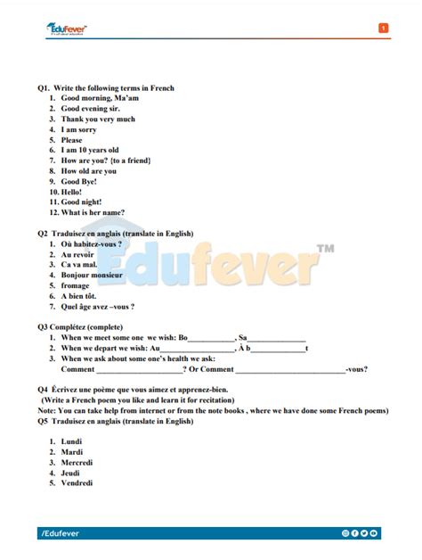 [updated] Cbse Class 5 French Worksheet 2024 25 Session In Pdf