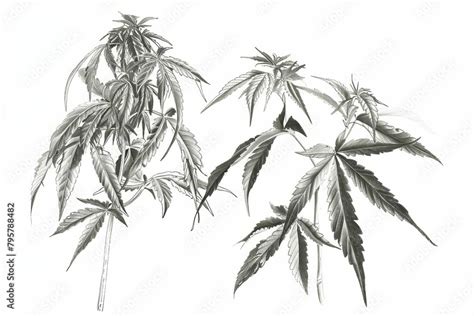 Male And Female Cannabis Plant Pencil Illustrations Isolated On White Botanical Drawings Hemp