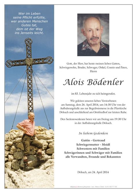 Todesanzeige Alois B Denler Trauer Link